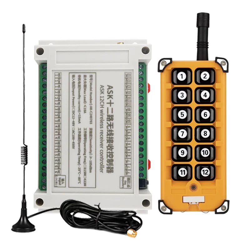 3000m DC 12V  24V   48V 433mhz 12 channel  RF Wireless Remote Control switch  Industrial crane Multiple power relay  transmitter