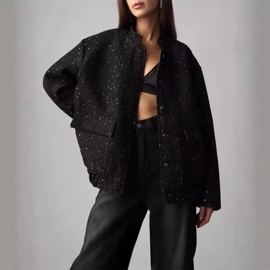 Women's Sequin Embellished Collar Jacket Women's Black Stand Collar Long Sleeve Pockets Sparkly Party Outerwear For Evening 1PSZ