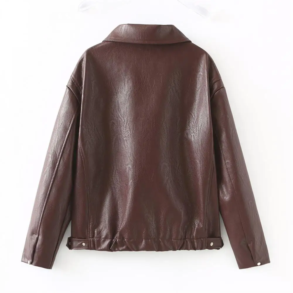 Vintage Polo Collar Women Jacket with Zipper Casual Solid Color Leather Coat Autumn Long Sleeves Street Commuting Jackets