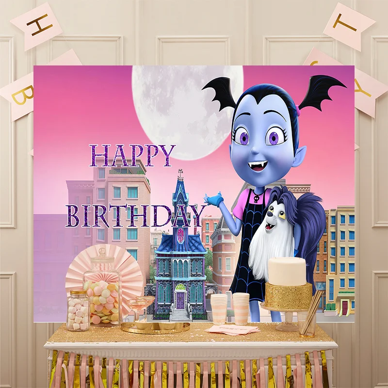 Disney  Happy Birthday Banner Personalized Party Backdrop Decoration Photography Cartoon Cute Girls Background Vampire Vampirina