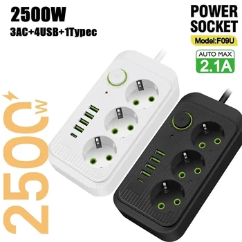 EU 플러그 AC 콘센트 멀티탭 소켓 익스텐션 코드 전기 멀티탭, USB C 타입 고속 충전 네트워크 필터 어댑터