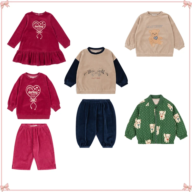 2026 KS Spring Winter Children's Velvet Sweatshirts Pants Cartoon Pure Cotton Fleece-Lined Lambswool Padded Jackets Flight Coats