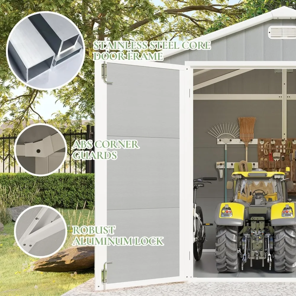 Cobertizo de almacenamiento de resina de 8 x 6 pies con piso, cobertizo para herramientas, almacenamiento exterior con rejillas de ventilación, ventana y núcleos de acero inoxidable, gris