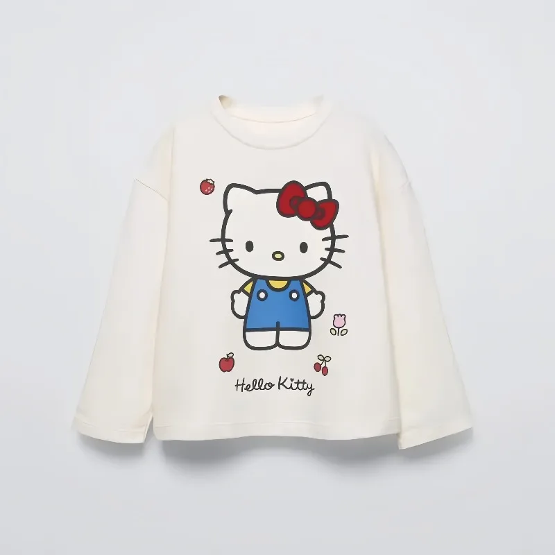 

Long Sleeved T-shirt, Hello Kitty Cartoon Printed T-shirt, Loose Casual Clothing, Simple White Quick Drying T-shirt