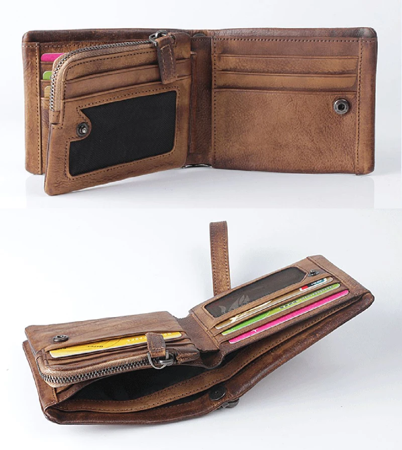 Vintage PUNK Studs Full Grain กระเป๋าสตางค์หนังแท้ผู้ชาย Bifold กระเป๋าสตางค์เข็มขัดกระเป๋าสตางค์ชายสั้นสไตล์เงินกระเป๋าคลิป WC010