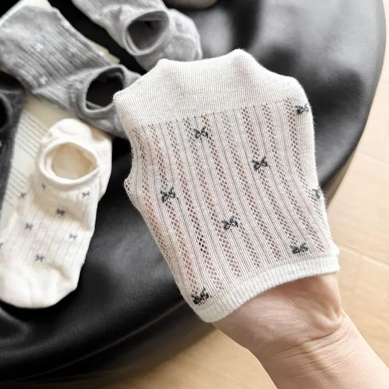 Korean Style Women Ankle Socks with Bow Print, Non-Slip Heel, Summer Breathable Instagram Fashionable Casual Sock