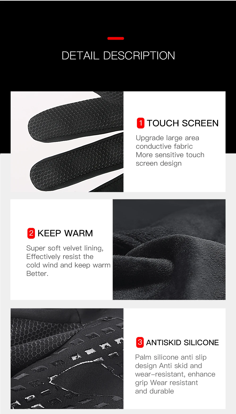 1 Pairs Winter Gloves Mens Touchscreen Non-Slip Unisex Waterproof Windproof Warm Cycling Cold Gloves Fashion Zipper Sports Glove