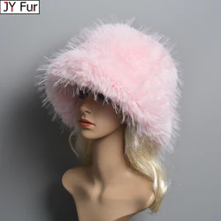 New Women Winter Luxury Knitted Faux Fur Bomber Hat Natural Warm Faux Fur Cap Girls Quality Soft 100% Genuine Faux Fur Hats