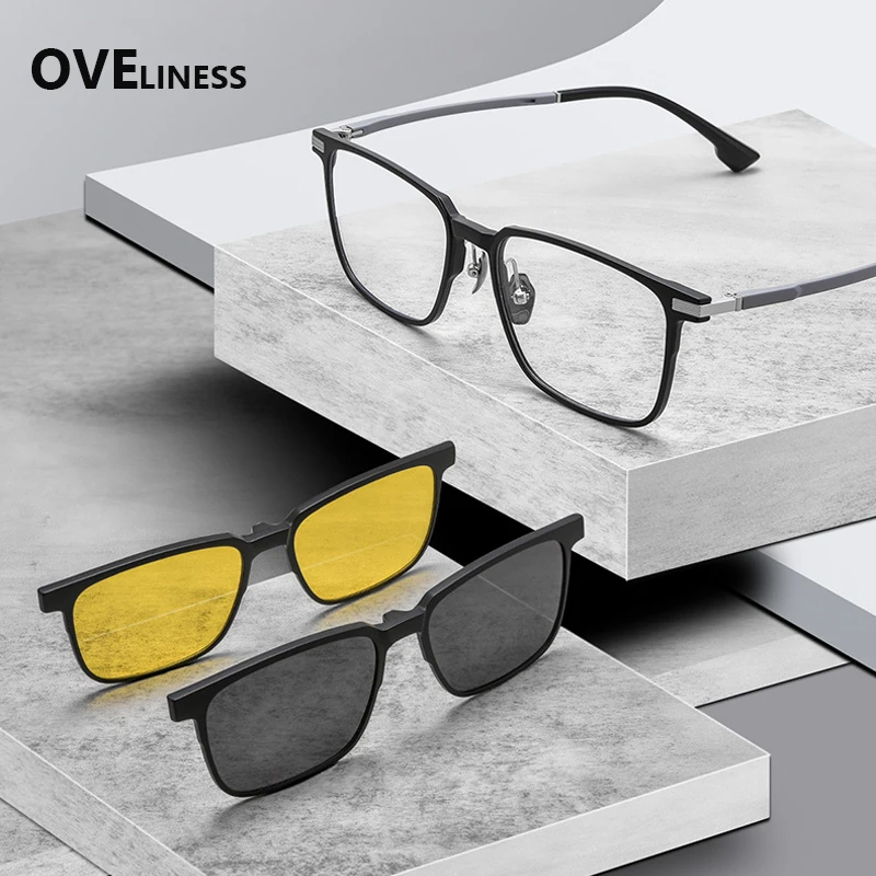 

2 In 1 Pure Titanium Full Rim Square Men Glasses Frame With Polarized Clip On Sunglasses Night Vision Women eyeglasses Eyewear