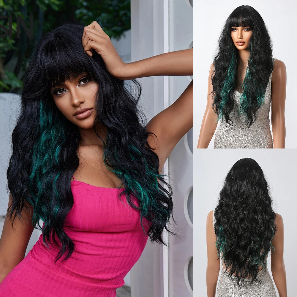 Wavy Black Synthetic Wigs Long Dark Hair Higlight Green with Bangs Body Water Wave Wig Full for Women Halloween Cosplay Party