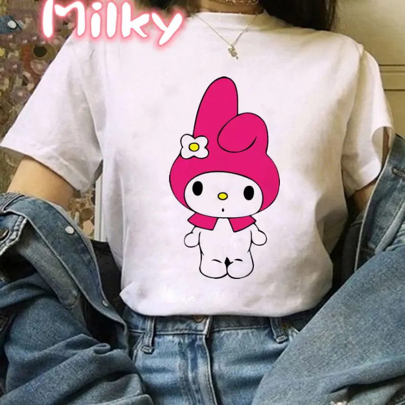 Kawaii My Melody T Shirt Oversized Kuromi Printed Cartoon T-shirts Streetwear Short Sleeve Cute Sweet Girl Tops Women Clothing