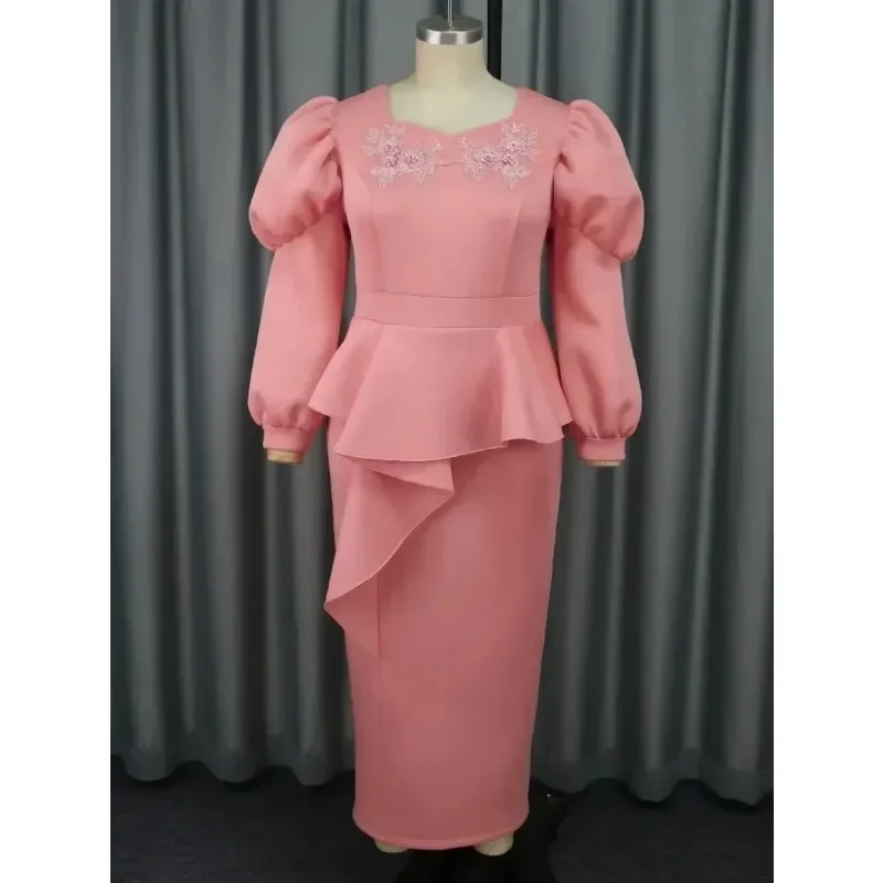 女性用エレガントなピンクのイブニングパーティードレス、Oネック、アップリケ、ロングパフスリーブ、ハイウエスト、ボディコン、誕生日、プロム、クリスマスイベント用ローブ