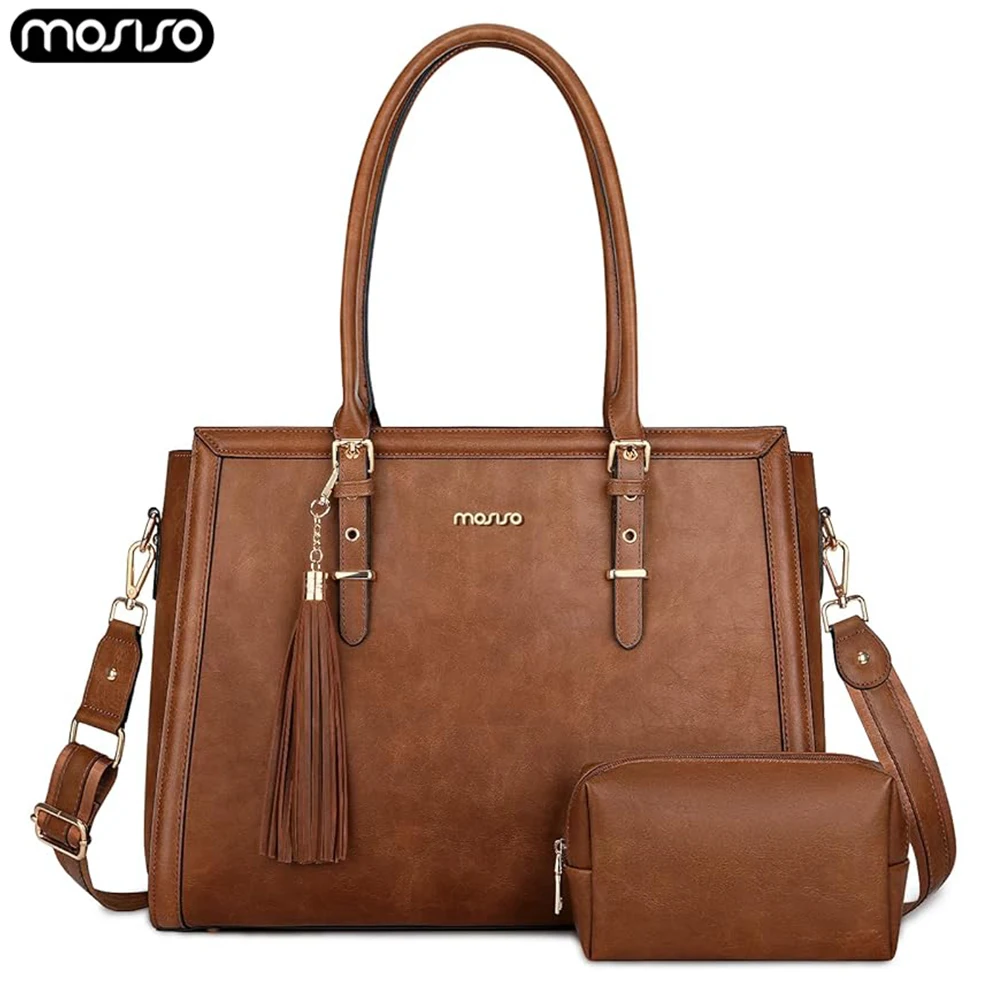 Vintage PU Leather Laptop Tote Bag for Women 15.6 inch Large Capacity Business Work Handbag Cross body Laptop Shoulder Bags