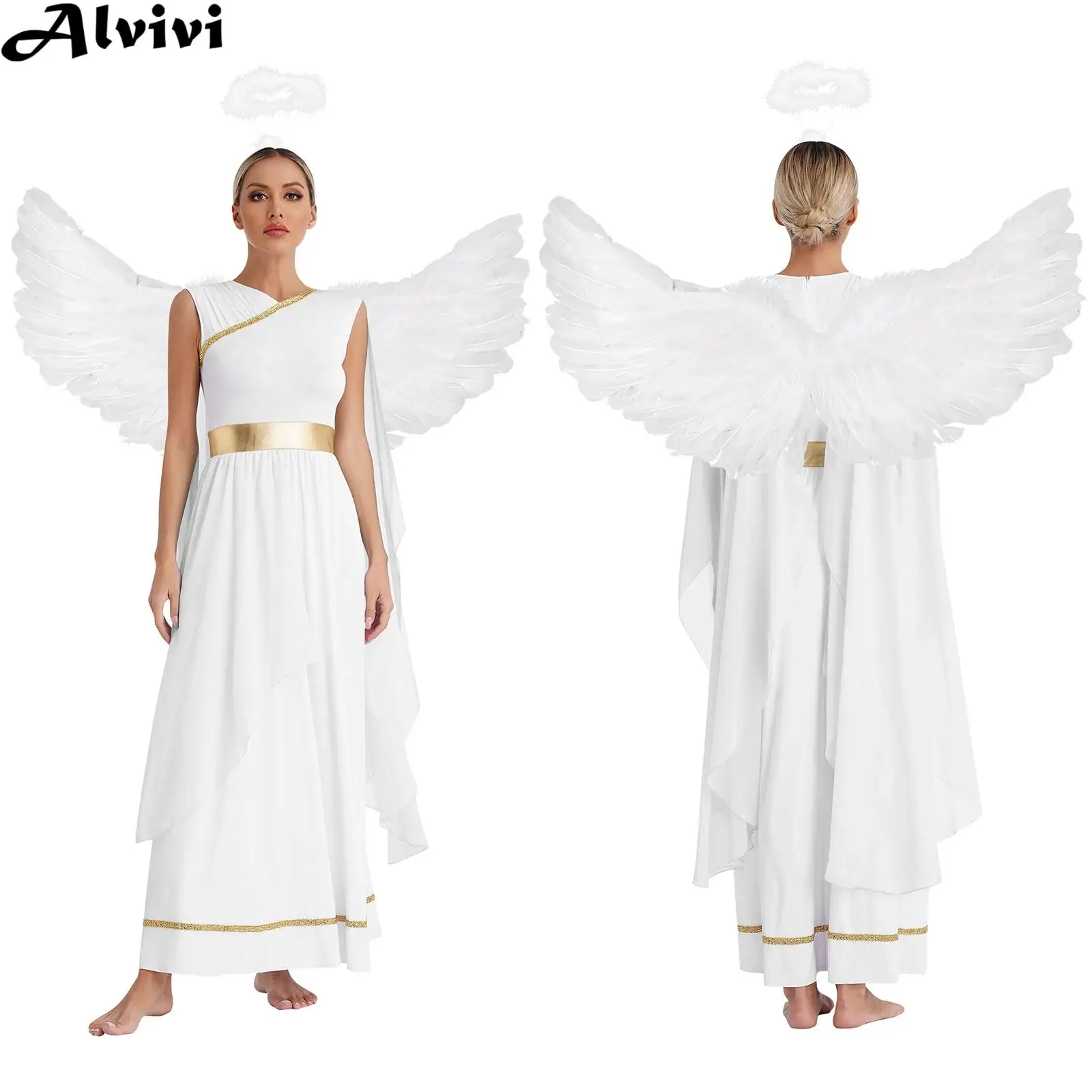 Women Church Choir Worship Dress Halloween Angel Ancient Greek Princess Cosplay Costume Toga Gown with Feather Wings Headwear