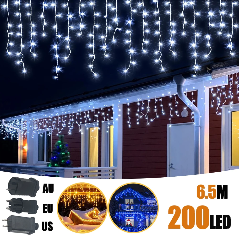 

6.5M 200LED 40Drops 8 Modes, Christmas Icicle String Lights Plug in Curtain Waterproof for Holiday Wedding Party Home Garden