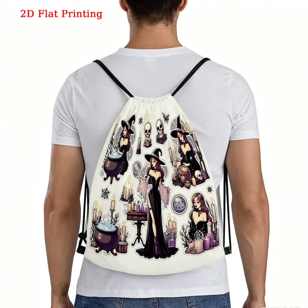Gothic Style, Drawstring Backpack, 2D Flat Printing Witch Pattern, Fitness Sports Backpack, Outdoor Travel Drawstring Bag