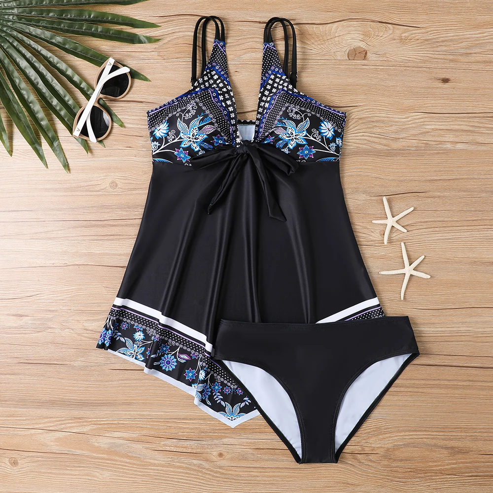 

Floral Print Patchwork Black 2 Piece Set Tankini, Round Neck High Waist Stretchy Swimsuits, Women's Summer Bikini Beachwear