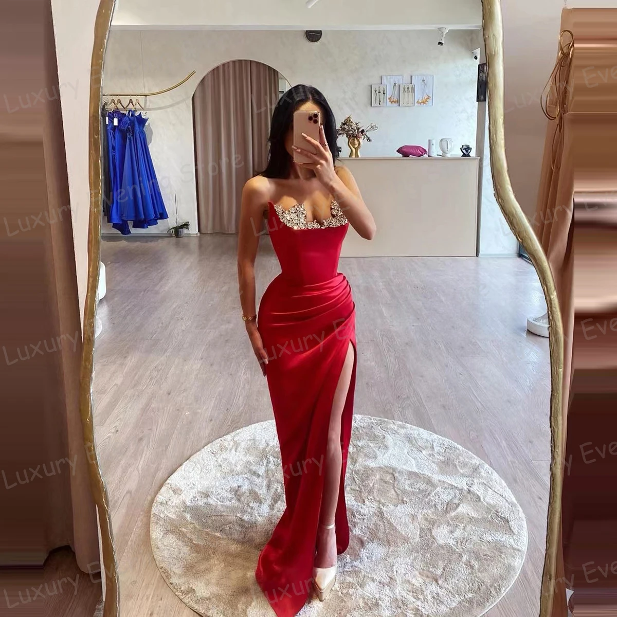 Fashionable Sparkle Red Evening Dresses Mermaid Sexy Sequined Sweetheart Women\'s Prom Gowns Sleeveless High Split Party Vestidos