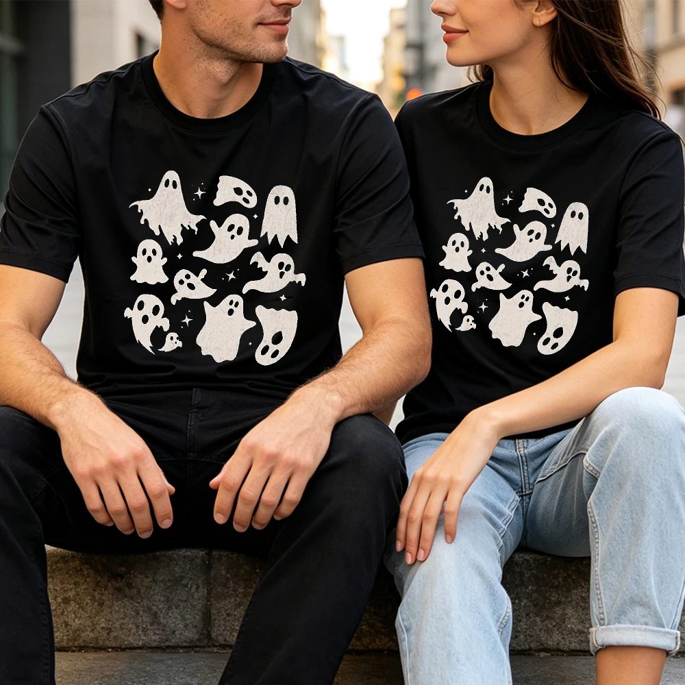 2026 Retro Spooky Tee for Men Women Assorted Ghost Silhouette Vintage Print All Season Daily Short Sleeve Tops Oversized T Shirt