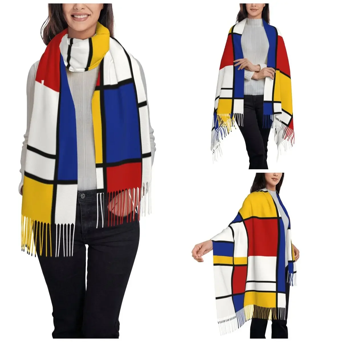 Mondrian Inspired Shawl Wrap for Women Warm Large Long Scarf Minimalist Geometric Reversible Shawl Scarves