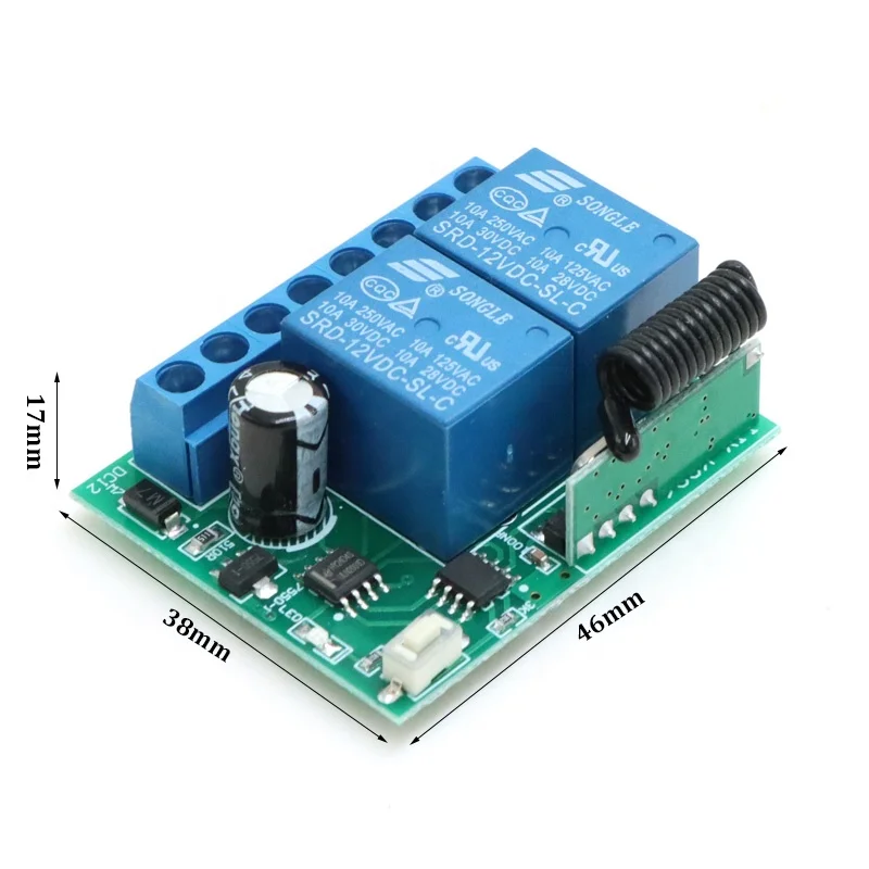433MHz/315MHz Wireless RF Receiver Relay Switch DC 12V 2-Channel  Module with 1527 Learning Code for Smart Home System