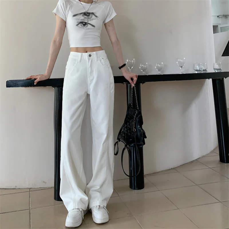 

2025 Trend Women's Y2K Jeans - Contrast Stitch White Wide Leg Denim Pants Loose Fit Slimming Straight Cut Floor-Length Trouser