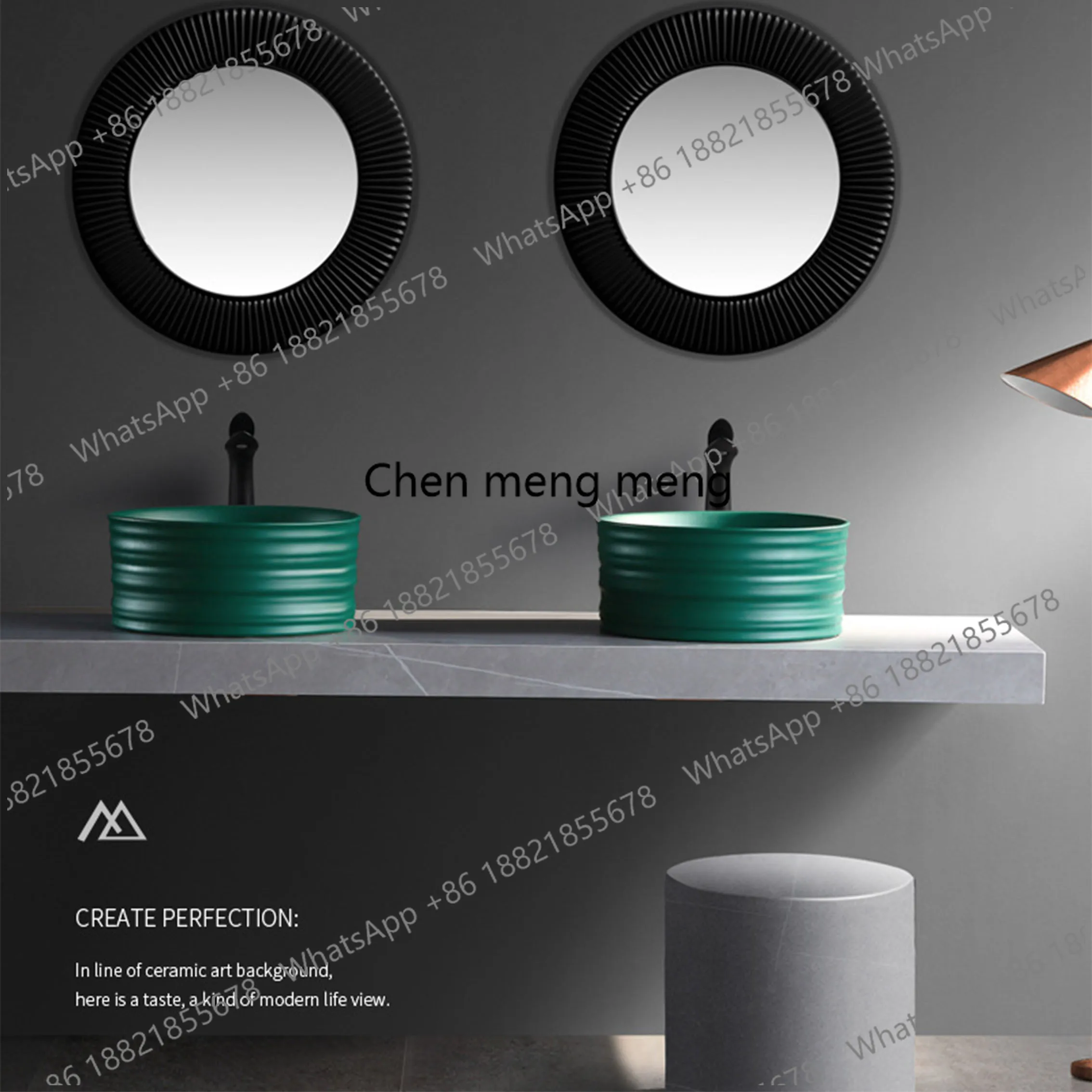 Relief Art Matte Dark Green Countertop Basin Round Deepening Wash Basin Ceramic Washbasin Creative Personality Sink With Tap