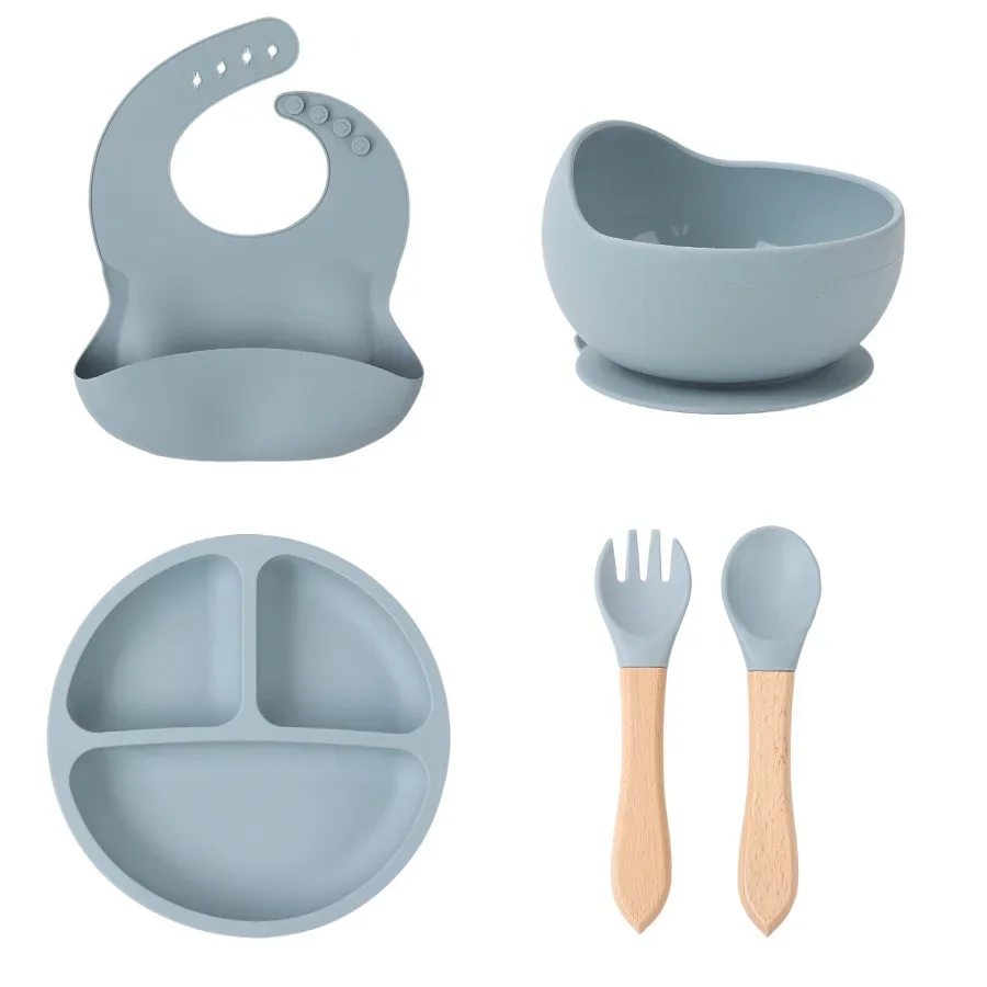 5-Piece Cute Design Silicone Baby Feeding Set High Quality Suction Divided Plate Wooden Handle Spoon Fork