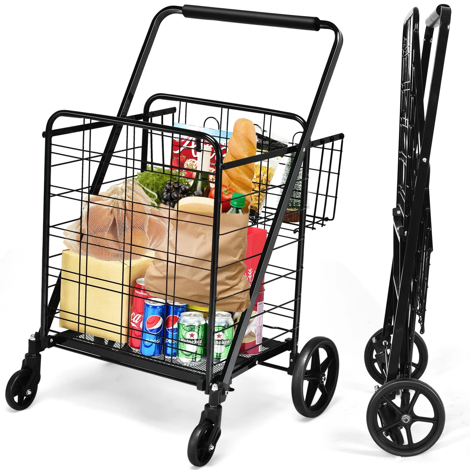

Heavy Duty Folding Shopping Cart Utility Jumbo Double Basket 330lbs Black