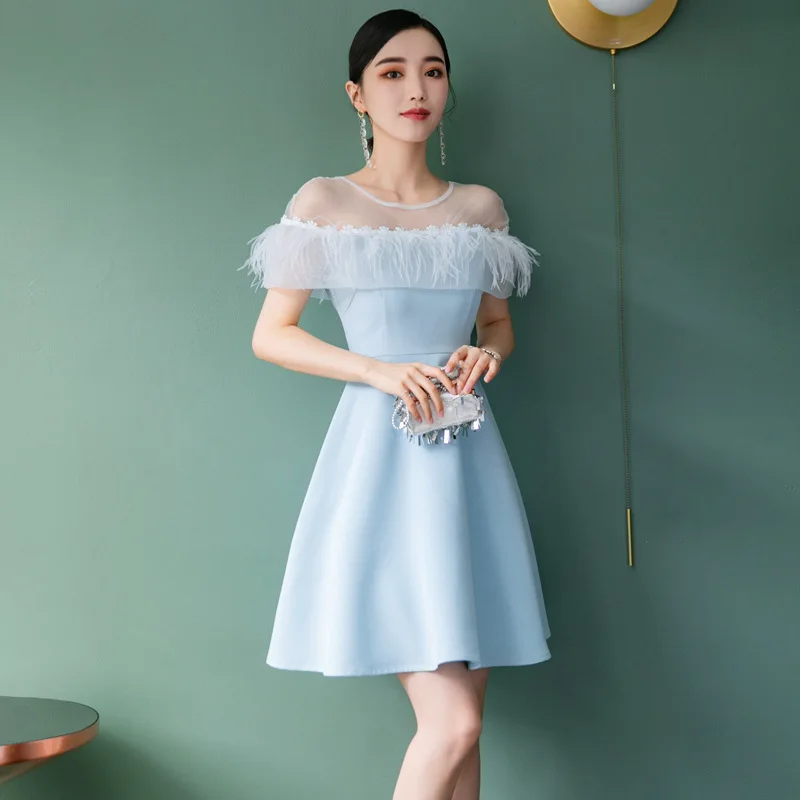 

Women Birthday Party Dress Feather Lace Flower Ladies Wedding Guest Dresses A-lined Knee Length Solid Color Formal Pageant Dress