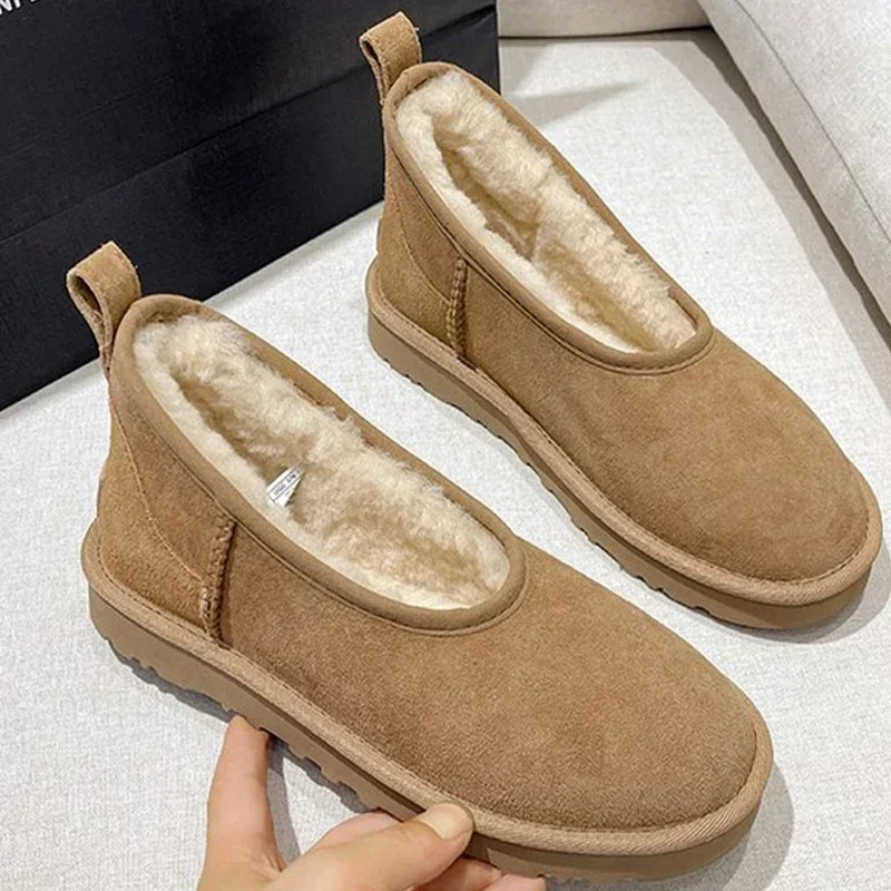 Women Fur Flats Platform Warm Snow Boots Suede Cozy New Femme Loafer Shoes 2024 Winter Short Plush Designer Botines Para Mujeres