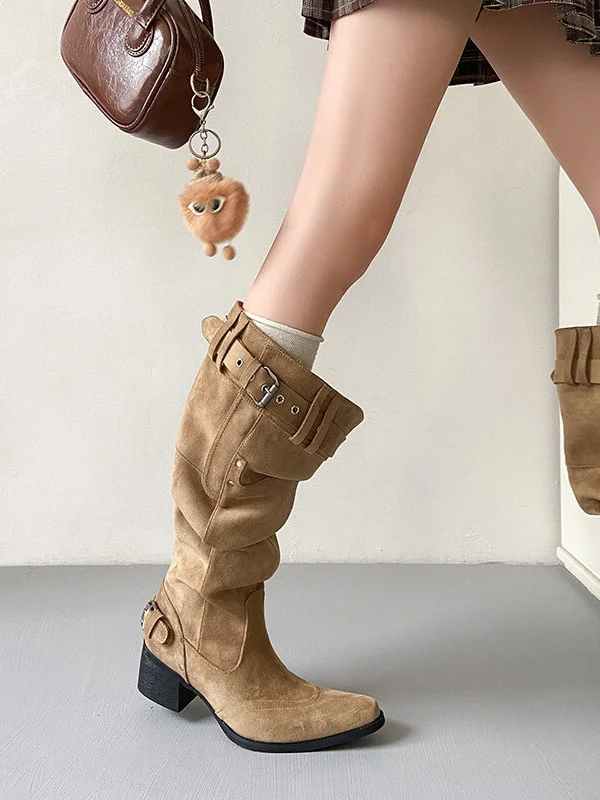 Pointed Toe Long Boots Women's 2026 New Style Large Calf Wrap Boots Western Knight Boots Foldable Cuff Thick Heel Pants Tube