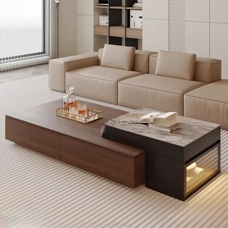 

Light luxury rock slab lifting solid wood coffee table, living room 2025 new retro style