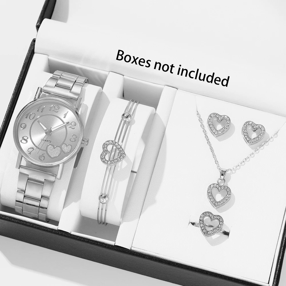 Luxury Fashion Women Watches 6Pcs Women Ladies Unisex Watch Silver Heart Dial Bracelet Necklace Earring And Ring Set Wrist Watch