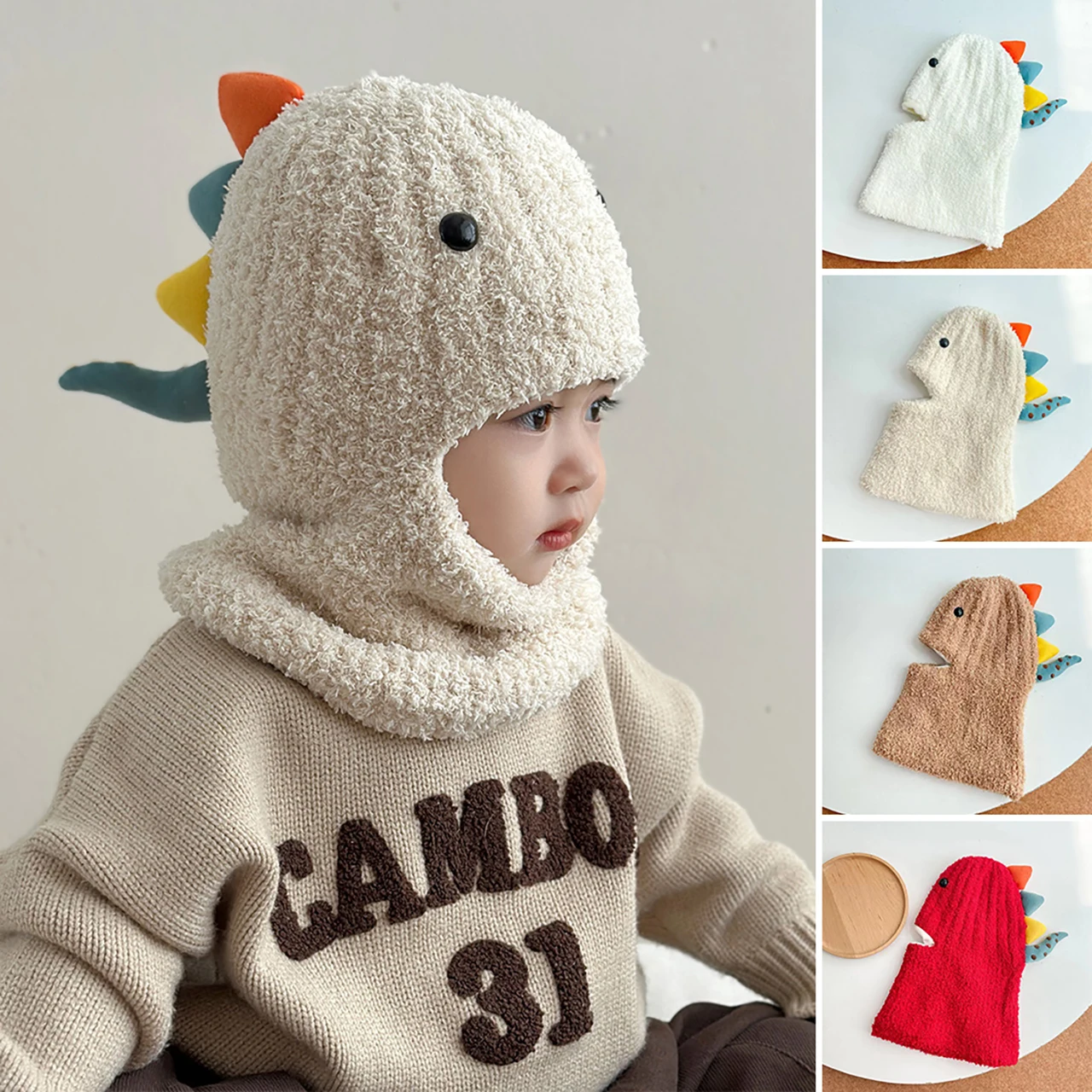 

Cute Cartoon Dinosaur Baby Ear Protection Hats Outdoor Boy Girl Windproof Hooded Scarf One Piece Hats Knitted Warm Kids Bonnet