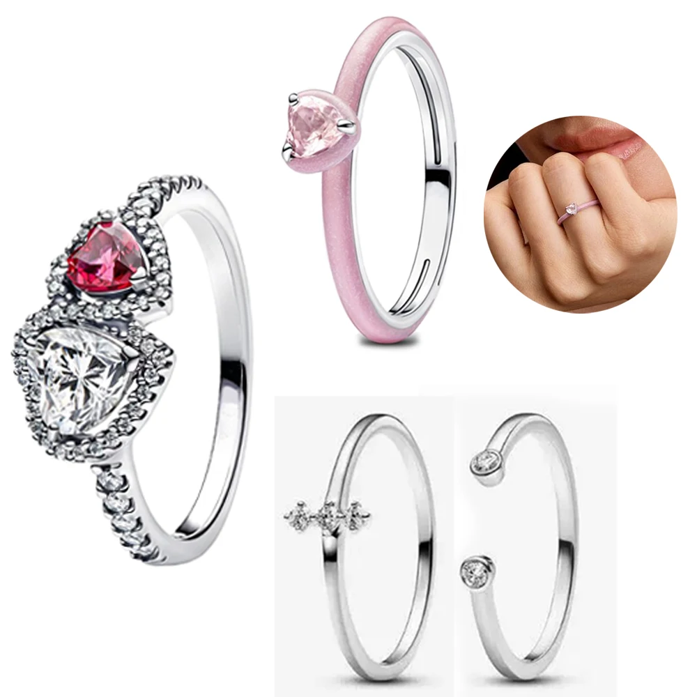 

Модное кольцо с двойным сердцем из серебра 925 пробы с розовым покрытием и блестящими камнями, подарок для влюблённых на свидание, ювелирное изделие