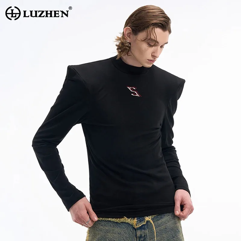 LUZHEN ไหล่มุมขวาแขนเสื้อด้านล่างเสื้อปัก Niche Slim Elegant อินเทรนด์ชายเสื้อยืดแขนยาว LZ8216