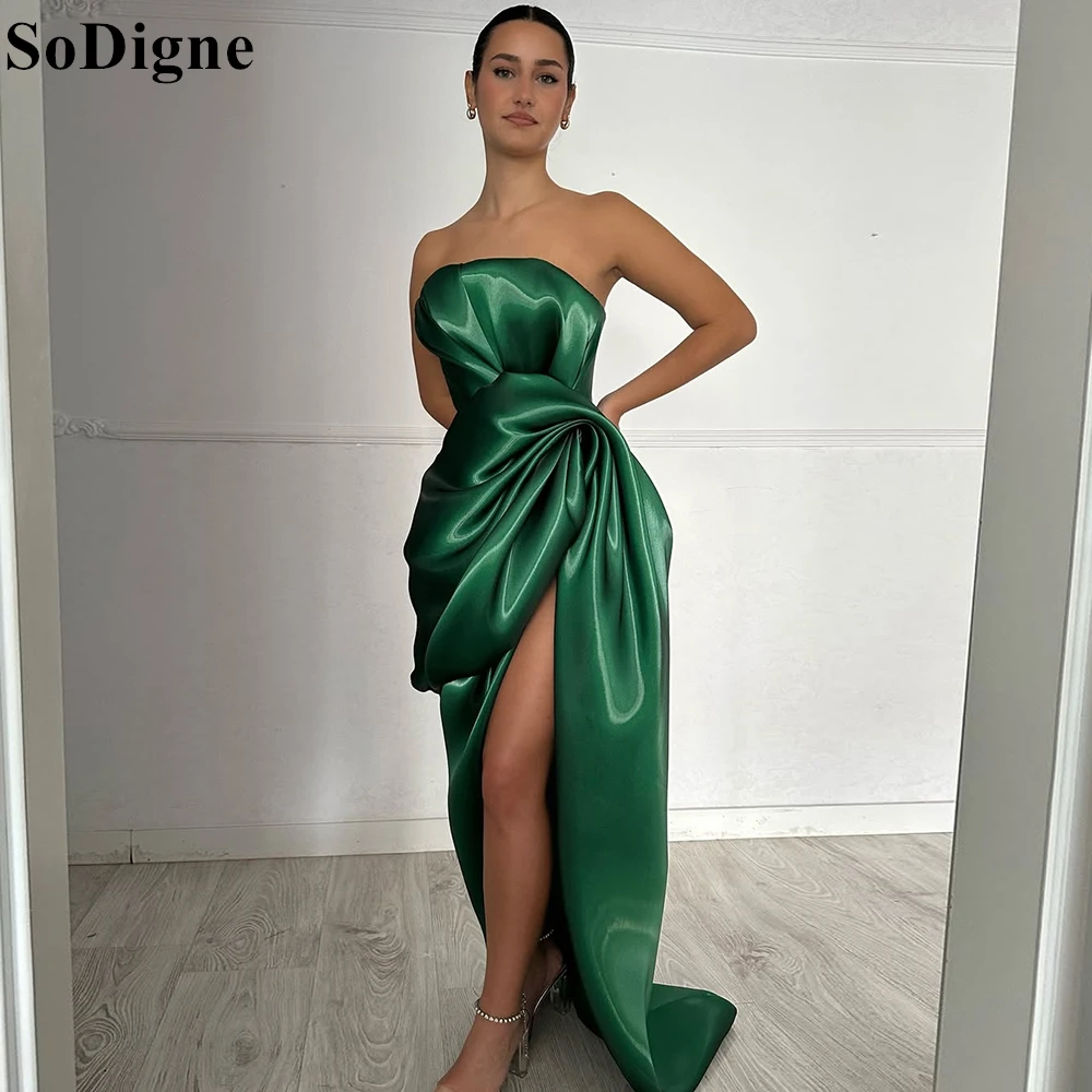 

SoDigne Sexy Emerald Green Evening Dresses Mermaid Draped High Split Strapless Party Dress Special Occasion Prom Gown Customized