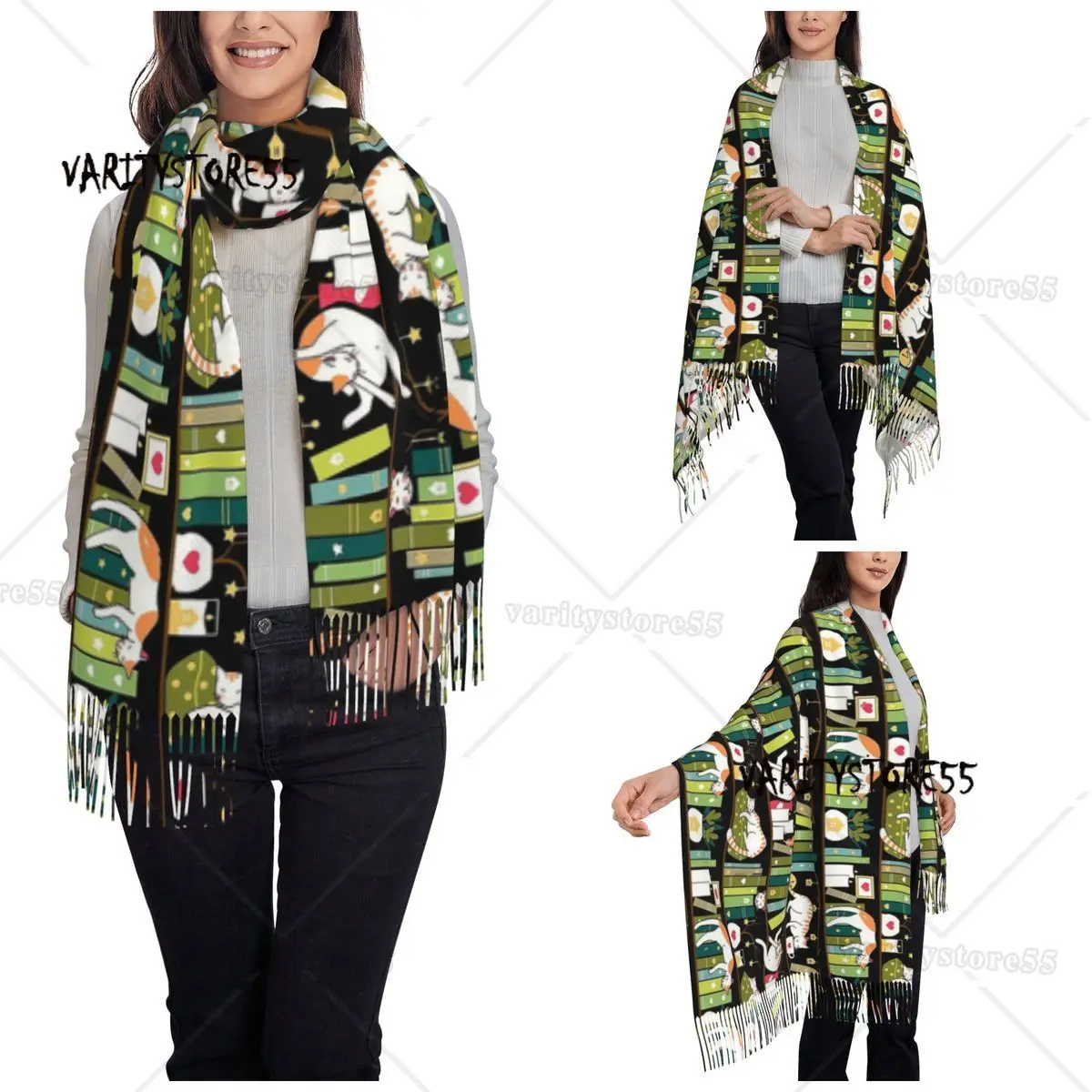 Library Whimsical Cats Scarf Womens Warm Winter Cashmere Shawls and Wrap Animal Cartoon Anime Long Large Shawl Scarf Lightweight