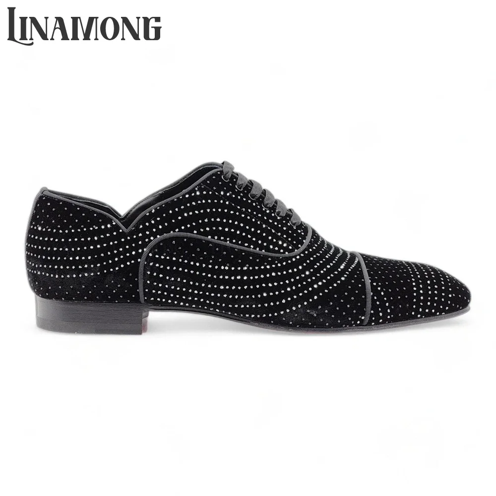 Velvet Crystal Flat Loafers Rhinestones Embellishments Lace-Up Dress Shoes Luxurious Designer Style Full Crystal Leather Shoes