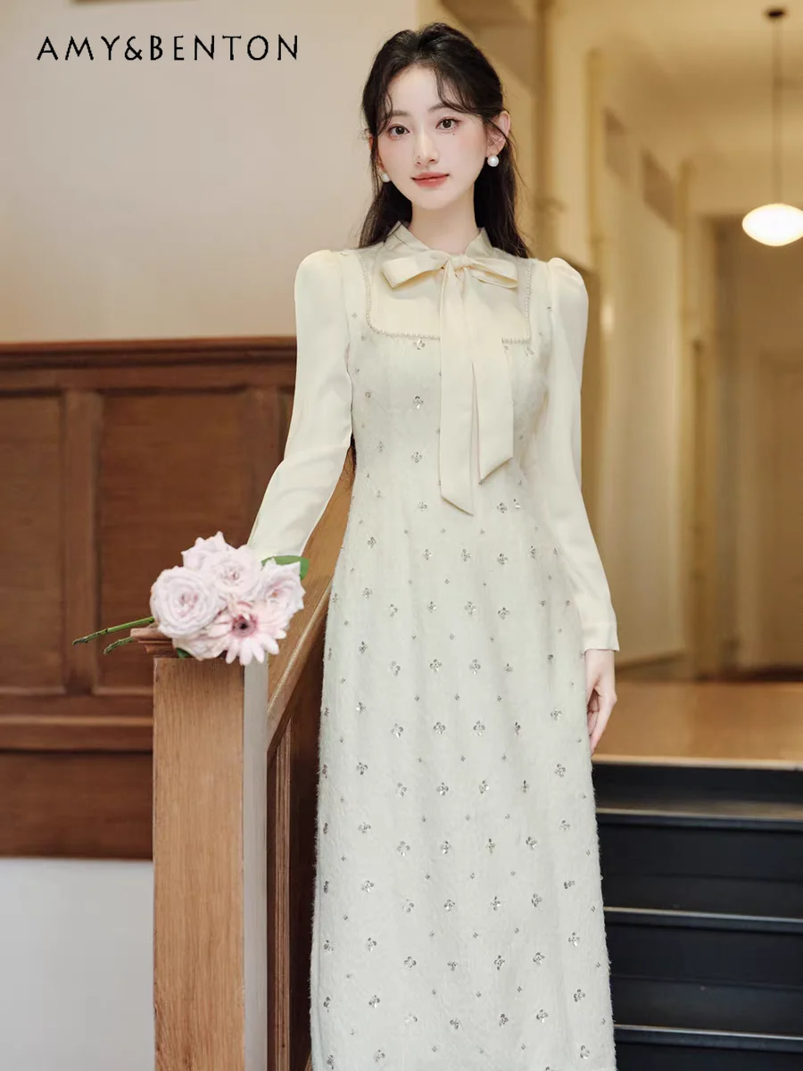 

2025 Spring and Autumn New French Style Elegant Off-White Faux Two-Piece Bow Waist-Cinching Long Dress with Heavy Beading