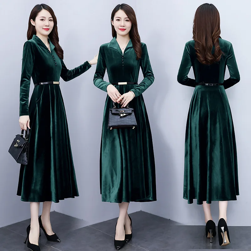 Women Elegant Velvet Midi Dress With Belt Autumn Winter Korean Long Sleeve Bodycon Vestidos Office Lady V-Neck Prom Party Dress