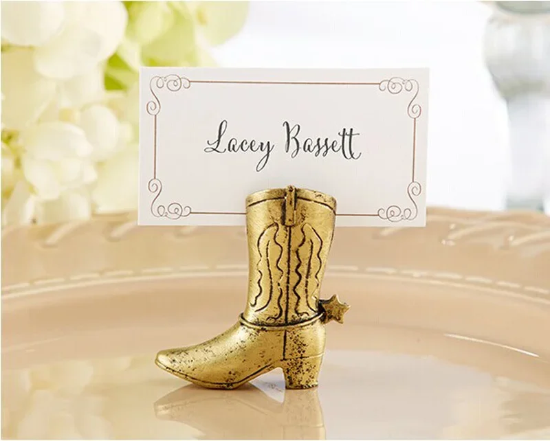 

Free shipping 60pcs/lot Gold Cowboy Boot Place Card Holder, Wedding Table Card Holders, Bridal Shower Party Decoration Favors