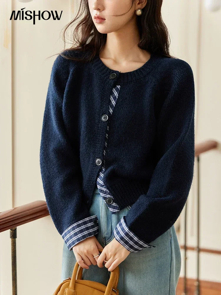 MISHOW Argyle Knitted Cardigan Spliced Sweaters Color Clash O-Neck Long Sleeves Tops Versatile Soft Warm Office Lady MXD58Z1124