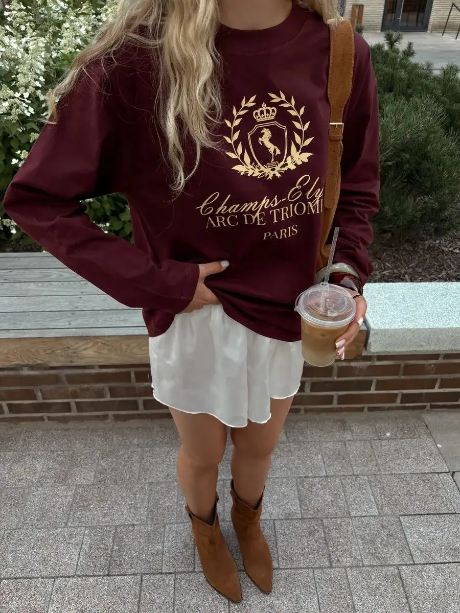 Old Money French Wine Red Sweatshirt Vintage Horse Paris Print Oversized Loose 100% Cotton Neutral Luxury Pullover Soft Fashion