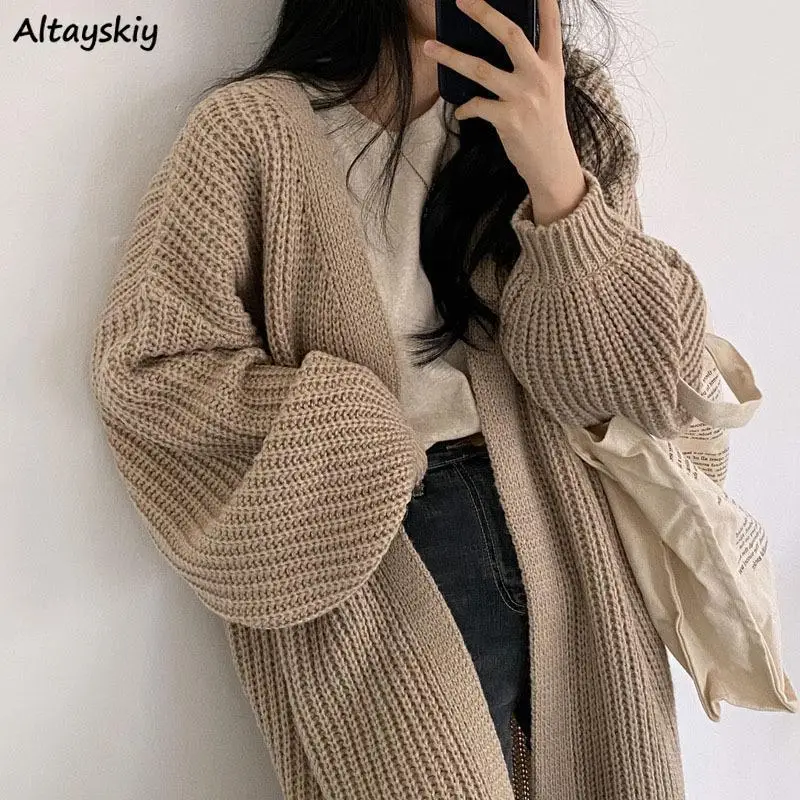 

Women Warm Long Cardigan Coat Korean Style Loose Simple Streetwear Popular Trendy Leisure Youth Fall Solid 4XL Sweater All-match