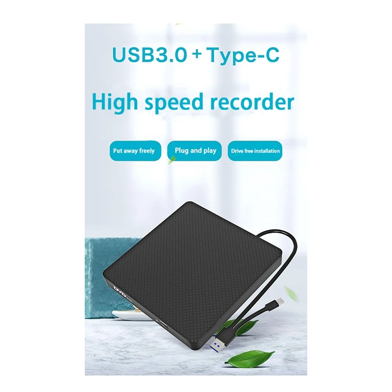 USB Portable DVD Drive USB3.0+Type-C Slim External DVD/CD/VCD Optical Drive Burner For Desktop Laptops