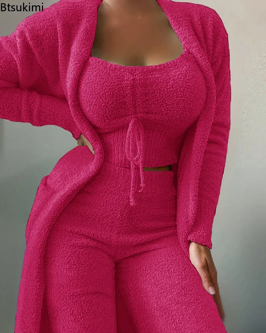 New Women Tracksuit Sets Plush Velvet Tank Tops Pants Cardigan Coat Three Piece Pajama Sleepwear Lounge Wear Soft Pijamad 3XL