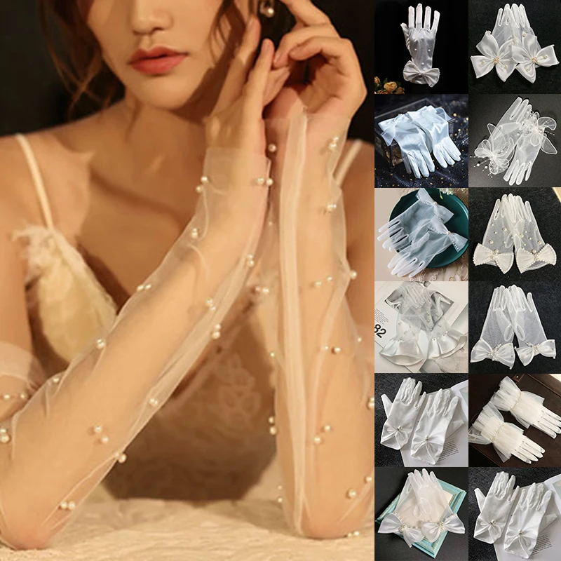 

Women Wedding Marriage Gloves Large Bow Knot White Wrist Gloves Lace Mesh Gloves Cosplay Accessories