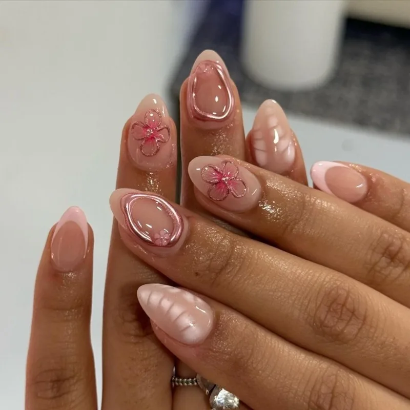 

24pcs Press on Nails Short Almond French Pink Nail Tips 3D Flower Summer Realistic Fingernails Fake Artificial Glue False Nails